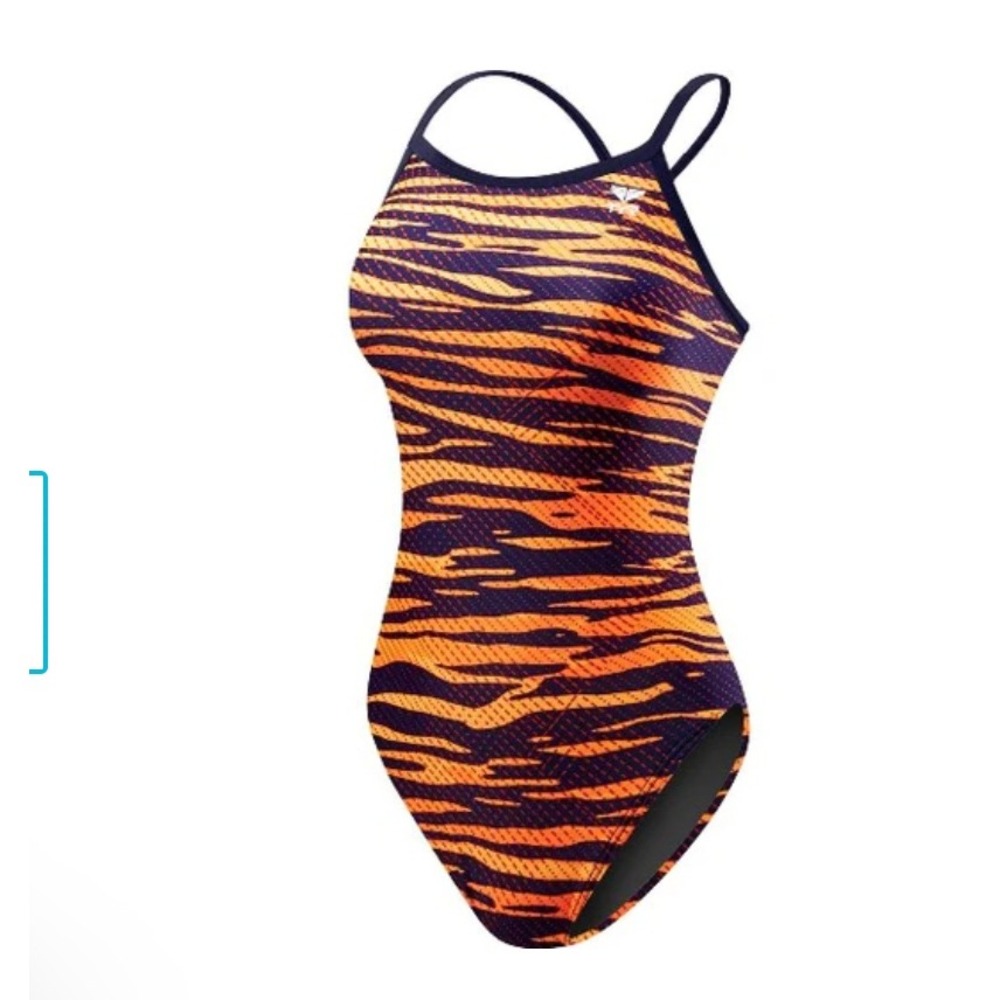 TYR Women‎ Orange Navy Tiger Stripe Performance One Piece Swimsuit 30 US Small